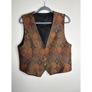 Vintage Tapestry Brocade Vest Multicolor Geo Pattern Gold Buttons 90s Sz S/M